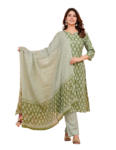 Trendy Womens Green Block  Print Cotton Stitched kurti pant with dupatta - $49.99