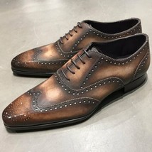 Men&#39;s Two Tone Brown Brogue Oxford Wing Tip Formal Dress Lace Up Leather Shoes - £119.89 GBP+