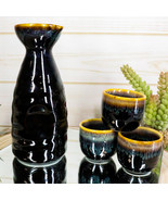 Glazed Ceramic Brown White Waterfall Japanese Sake Tokkuri Flask And 3 C... - $35.66 CAD