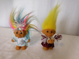 Vintage Russ Troll Cheerleader Red White Yellow Hair 4&quot; + Rainbow Hair Troll - £9.50 GBP