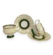 Queen’s Fine Bone China Rosina  2 Teacups Saucers England Filigree Green... - $37.04