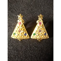 Vintage Clip On Earrings Christmas Trees w/ Colorful Rhinestones &amp; Star On Top - £7.91 GBP