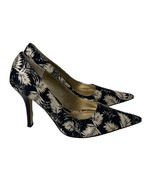 Nine West Freda Black Ivory Palm Leaf Print Pumps Heels Shoes Pointy Toe... - $29.69