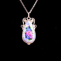 Vintage enamel necklace - finift rose and pansy pendant - hand painted sweethear - £74.31 GBP