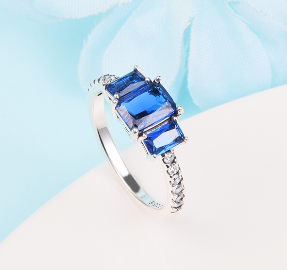 925 Sterling Silver Blue Rectangular Three Stone Sparkling Ring