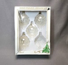 Christmas Ornaments Rauch Clear Glass Teardrops 4&quot; White Glitter Swirls Set of 4 - $27.72