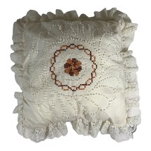 VTG Cross Stitch Linen Pillow Victorian Ruffle Lace French Knots CottageCore ... - £23.88 GBP