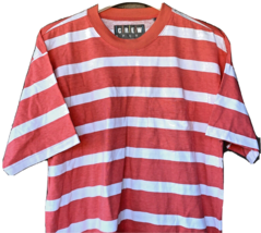 VTG Striped T Shirt Mens MEDIUM Front Pocket Retro Salmon 1990&#39;s Crew Sport Y2K - £30.56 GBP