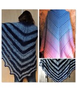 Hand Knitted Triangle Shawls Wrap - Denim Navy Blue Gray Color Knitting ... - $90.00+