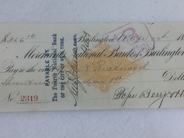 Antique Cancelled Check 1881 Burlington VT  25441 Merchants National Ban... - $14.84