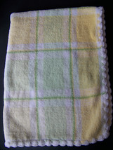 First Impressions Chenille Yellow White Green Plaid Scallop Edge Baby Blanket - £22.26 GBP