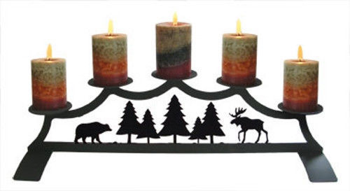 Wrought Iron Fireplace Pillar Candle Holder Moose & Bear Holds 5 Hearth Black - $86.10