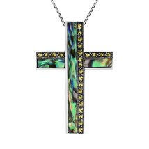 Statement Geometric Cross Abalone and Marcasite Sterling Silver Necklace - £23.75 GBP