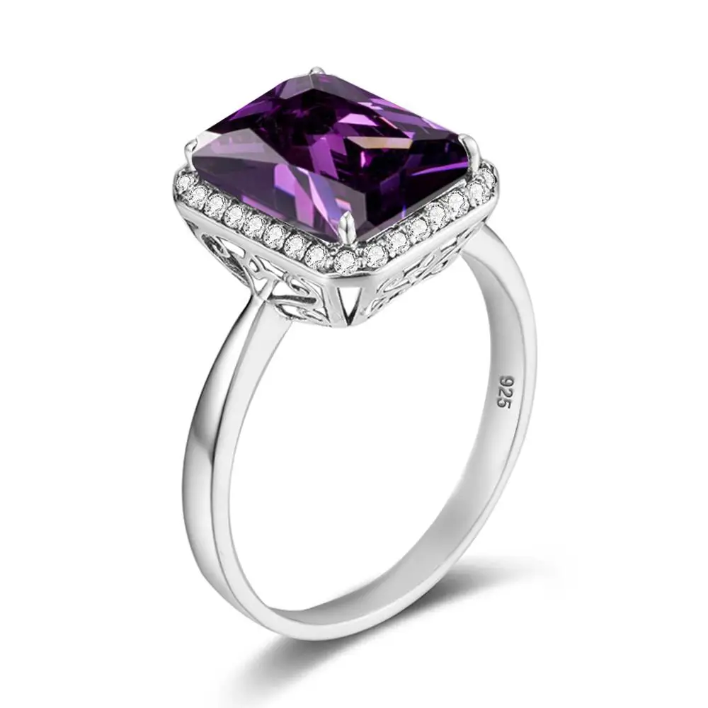 Purple Amethyst Ring For Women Silver 925 Sterling Square Gemstone With Diamond  - £42.18 GBP