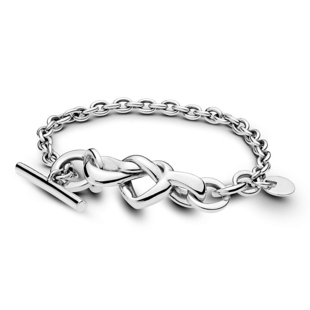100% 925 Sterling Silver Bracelet Silver Knotted Hearts T-Bar Bracelet Fit Europ - £42.93 GBP