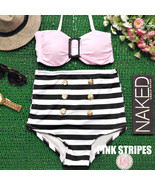 Pink Stripes - Retro Vintage Pin Up Button High Waist Bikini Swimwear Swimsuit - $32.99