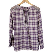 A.N.A. Womens L Bohemian Plaid Tunic Blouse Top Purple Plaid Lace Shoulder Gauze - £11.64 GBP