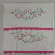 Embroidered Pillowcase Lot 2 Crochet Edge Pair Floral Set Bedding Sheet Hand GVC - £15.01 GBP