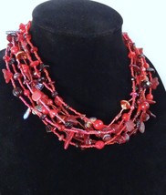 Red Glass Beaded Multi Strand Molded Flower Leaf Layered Statement Necklace - $34.65