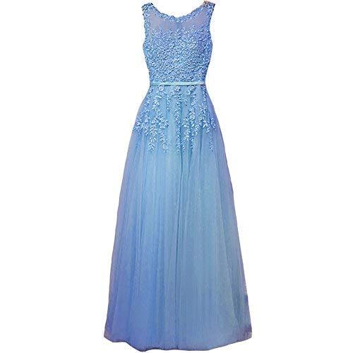 Kivary Pearls Long Sheer Back Tulle Lace Appliques Formal Prom Evening Dresses S