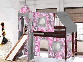 Princess Low Loft Bed With Slide Pink Camo Tent And Tower, Loft Bed,, Cherry - $454.96