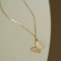 9ct Solid Gold Butterfly Fold Charm Necklace - 9K Au375, hanging, sparkle, gift - £130.59 GBP