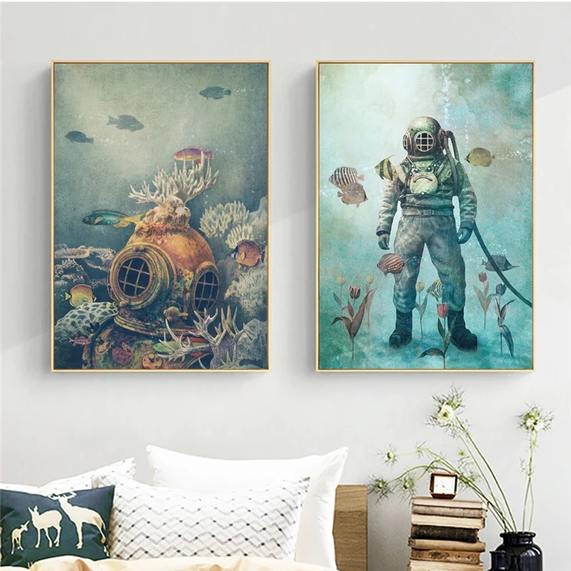 Sporting Retro Deep Sea Divers Underwater World Whale Wall Art Prints Poster Pai - £23.90 GBP