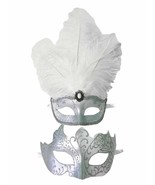 White Silver Couples Masquerade Mardi Gras Set Feather Mask - $477.02 MXN