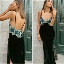 ZARA BNWT. GREEN VELVET CROCHET SLIP DRESS LONG V NECK STRAP SIDE SLIT. ... - $65.81