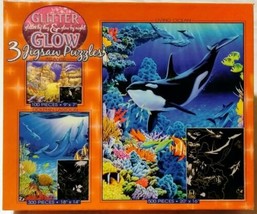 Ceaco Glitter &amp; Glow 3 Jigsaw Puzzles Atlantis Dolphin Lagoon Living Oce... - $24.43