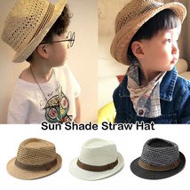 Adult Kids Summer Straw Fedora Hat Trilby Cuban Sun Cap Panama Short Bri... - £8.40 GBP