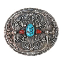 Vintage Apachito Navajo silver turquoise and coral belt buckle - $391.05