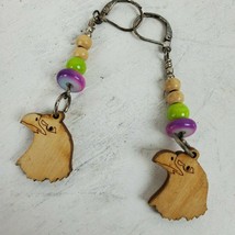 Vintage Estate Wildlife Eagle Beaded Wood Dangle Earrings 2.5 Inch Drop - $14.03