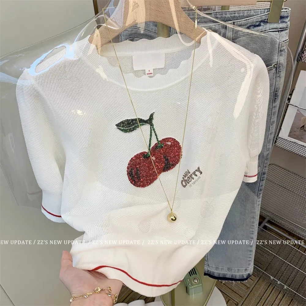 Korean White Cherry Sequins Short-sleeved  T Shirt  Women&#39;s Summer  Loos... - $132.90