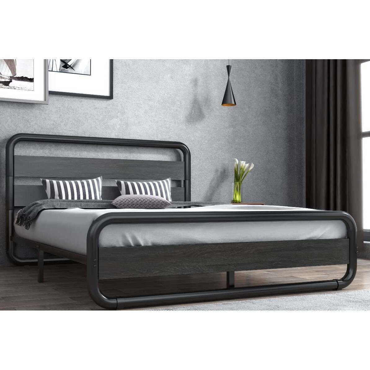 Heavy Duty Full Size Round Metal Platform Bed with Black Wood Headboard Item image 2