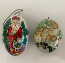 Lot of 2 Vintage Hand Painted Santa Deer Egg 2.5 in Christmas Ornaments - £19.46 GBP