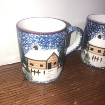 2 Coffee Mug Cups Crazed Winter Scene Holly Mountain Lodge Cook&#39;s Bazaar Gourmet - £15.56 GBP