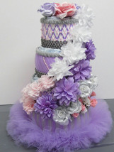 Pink , Lilac Purple and Silver Theme Baby Girl Shower , 4 Tier Tutu Diap... - £90.43 GBP