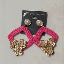 G By Gennaro Dangle Pink Earrings Basket Weave with Faux Pearls Gold Flowers - £11.59 GBP
