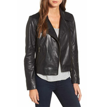 Women Black wide collar leather Jacket, Women Fashion Leather Jacket - $219.99