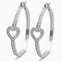 Hollow Heart Shaped Round CZ Hoop Silver Plated Statement Hinged Earrings - £69.52 GBP