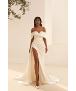A-Line Wedding Dress Off-Shoulder Neckline and High Slit in Smooth Ivory... - $8,491.62 MXN