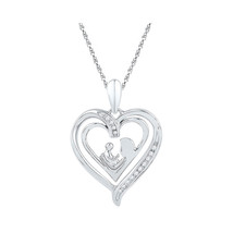Sterling Silver Round Diamond Mom Mother Child Heart Fashion Pendant 1/20 Ctw - £48.11 GBP
