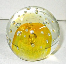 Vintage Glass Paperweight With Bubbles Yellow 3 1/2&quot; Diameter - £7.82 GBP