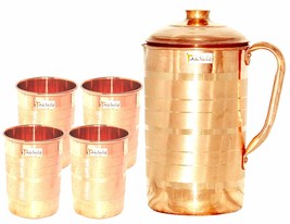 Prisha India Craft Pure Copper Jug 1300 ML with 4 Copper Glass Tumbler 300 ML (B - £49.55 GBP