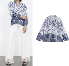 Zara Womens Blue Printed Oversized Boho Blouse Buttons Flowy Size S - £33.59 GBP