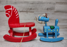 Lot of 2 Vintage Handpainted Wood 3D Rocking Horse Christmas Ornaments Red Blue - £5.95 GBP