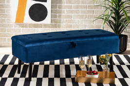 Swindon Navy Blue Velvet Fabric Dark Brown Storage Bench - $2,553.25 MXN
