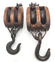 2 VTG Wood Blocks &amp; Tackle Double Pulley Iron Barn Hooks FAST Shipping  - £67.04 GBP