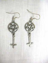 Occult Pentagram Star and Inverted Cross Evil Satanic Double Dangle Earrings - £9.47 GBP